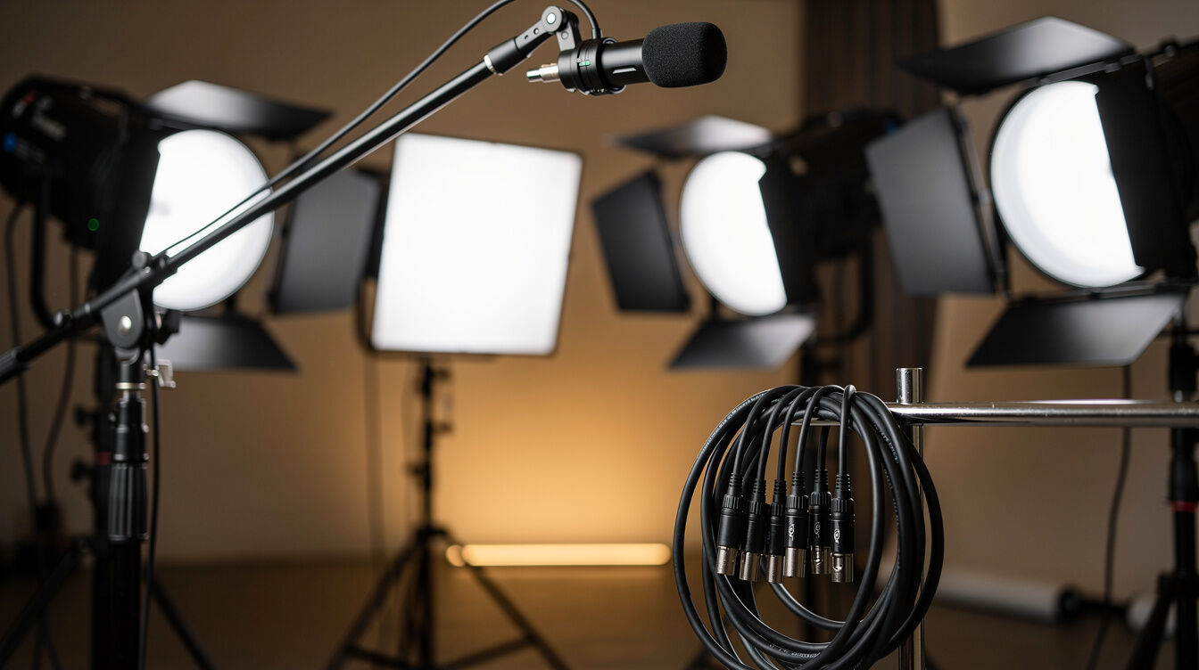 Close-up of professional studio lighting fixtures and softboxes
