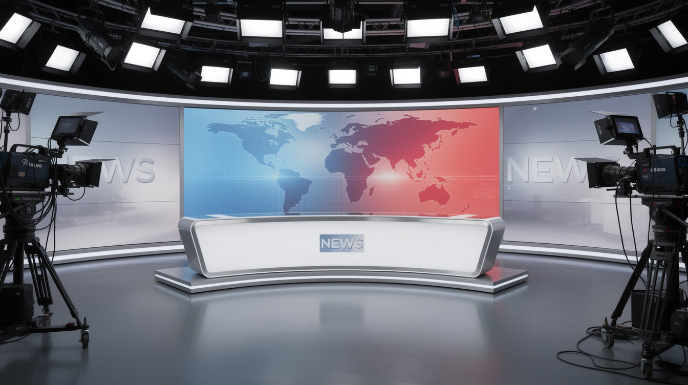 Wide shot of an empty television news studio set with cameras and lights
