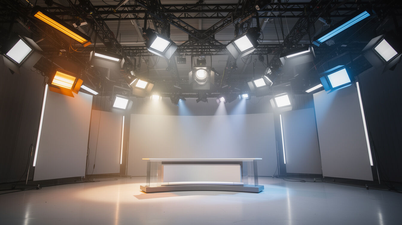 Studio lighting rig with softboxes and grid suspended above a TV set
