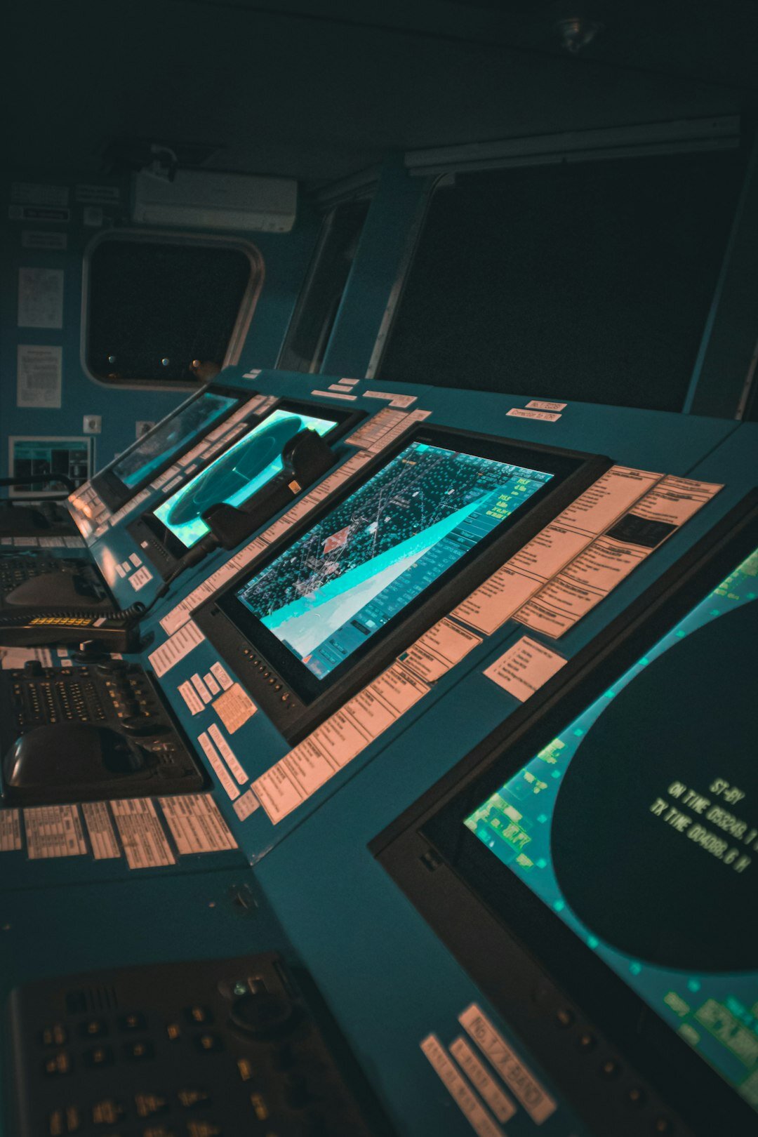 Broadcast control room with wall of monitors and vision mixing desk