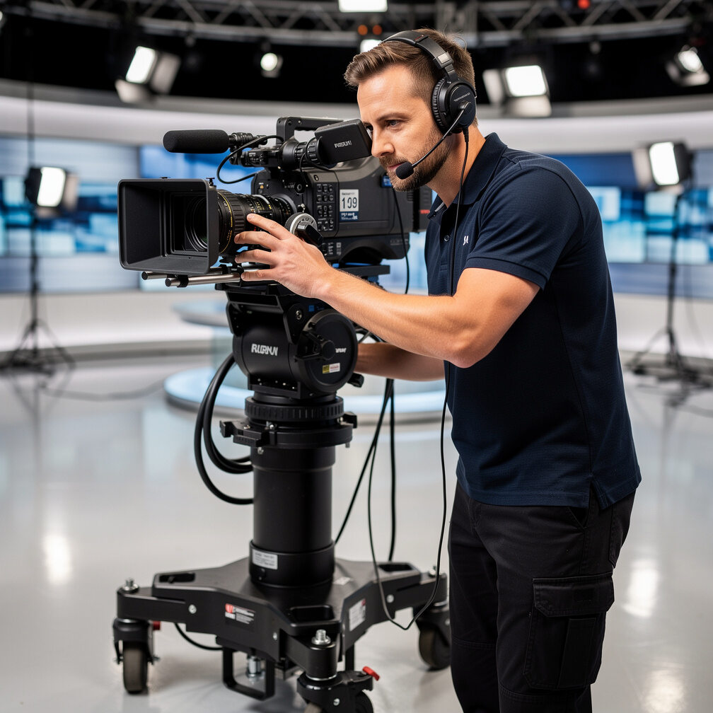 British camera operator adjusting a broadcast studio camera on a pedestal