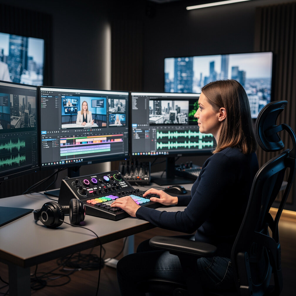 British female broadcast editor reviewing footage on multiple monitors