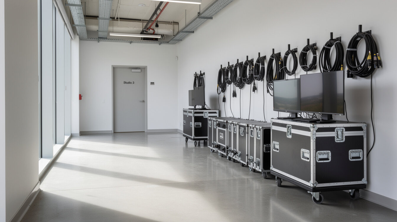 Modern broadcast studio reception and equipment storage area